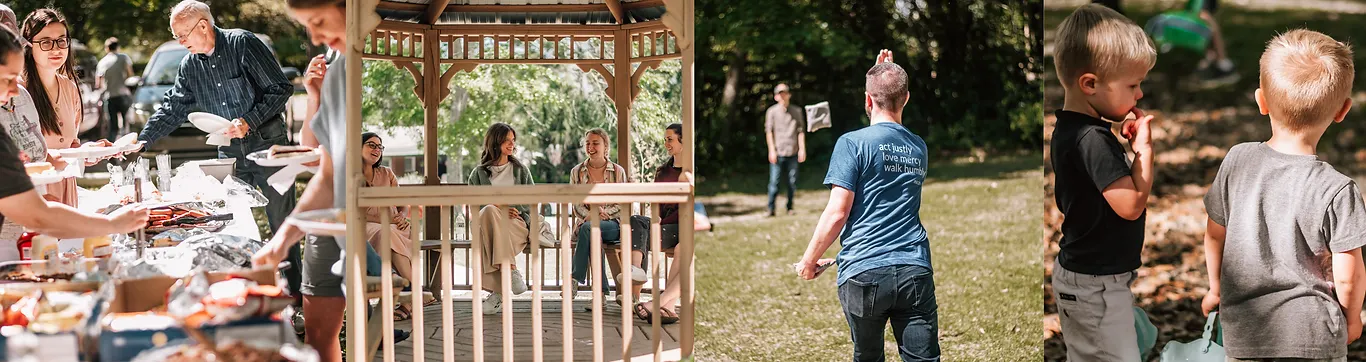 Pillar Reformed families sharing a meal, visiting in the gazebo, playing cornhole and kids at an outdoor gathering